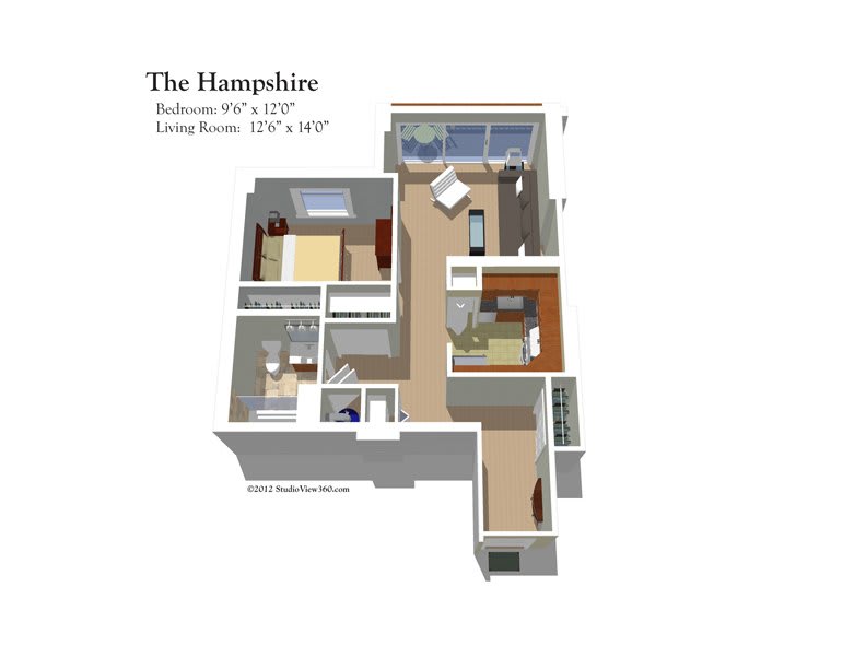 A 3D floor plan of an apartment called 'The Hampshire' featuring a detailed layout with bedrooms and a living area.