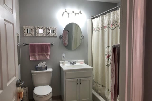 A neatly organized bathroom featuring a sink, toilet, and shower with decorative elements.