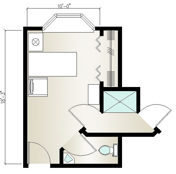 A compact floor plan showing a room layout with furniture and bathroom facilities.