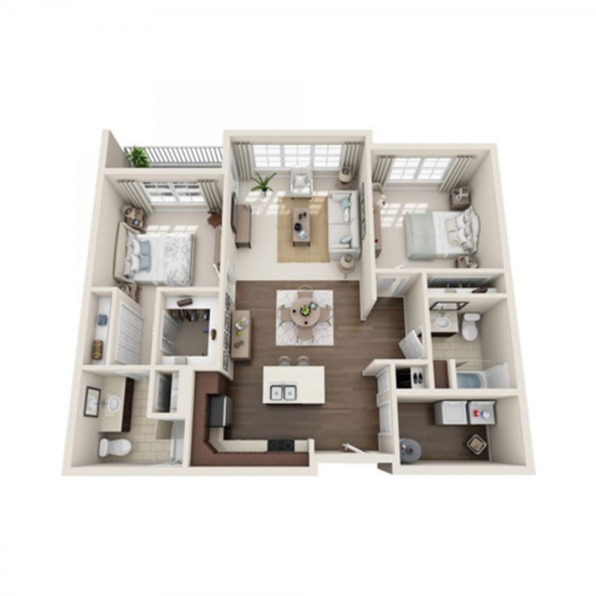 A 3D floor plan of a modern apartment showcasing an open living area, two bedrooms, and a kitchen.