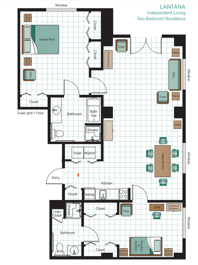 A detailed floor plan of an apartment, showing the arrangement of rooms and furniture.