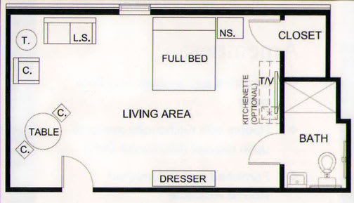 A floor plan of a studio apartment with labeled areas such as a full bed, living area, and kitchenette.