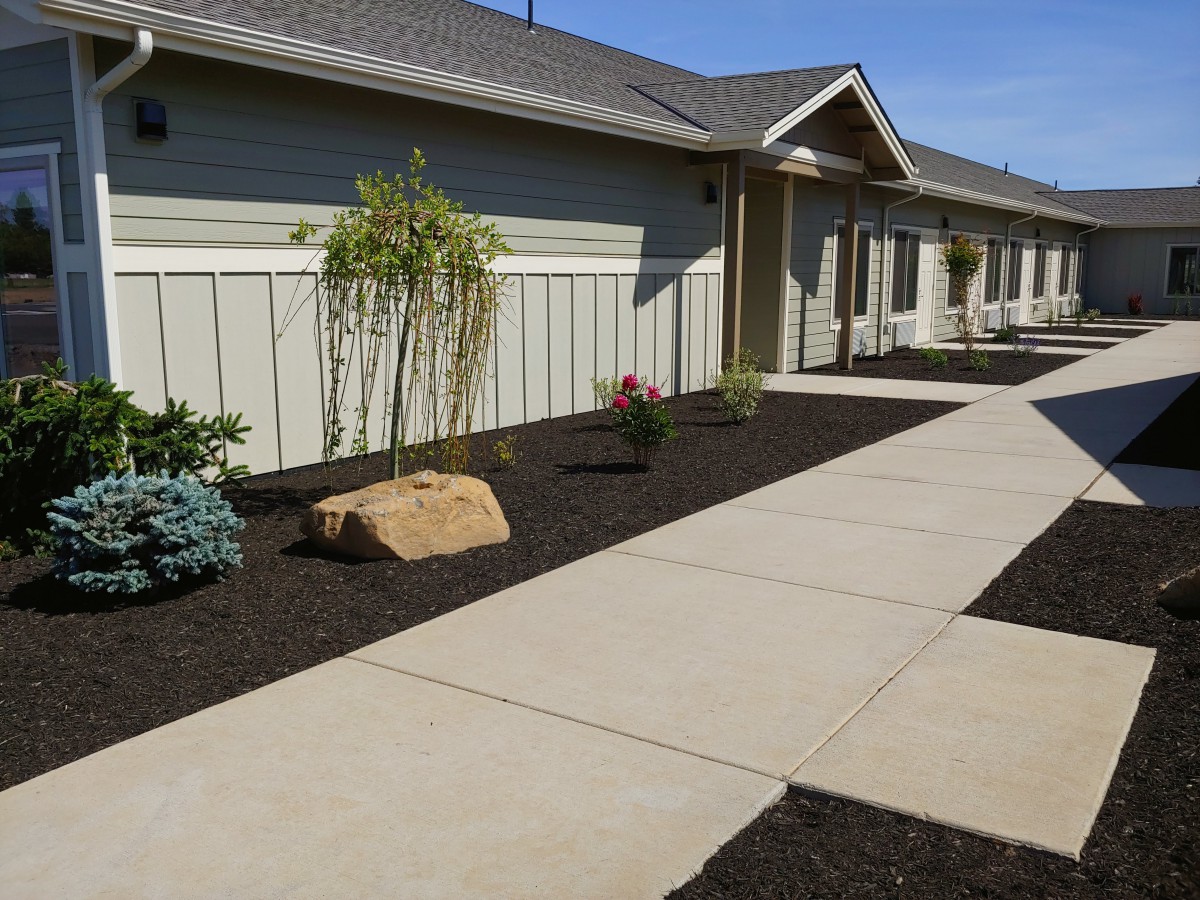 A neatly landscaped area featuring a pathway alongside a building, surrounded by mulch, plants, and rocks.