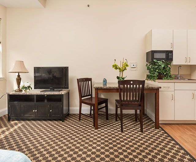 A cozy living space with a television, dining table and chairs, adorned with plants and a decorative lamp.