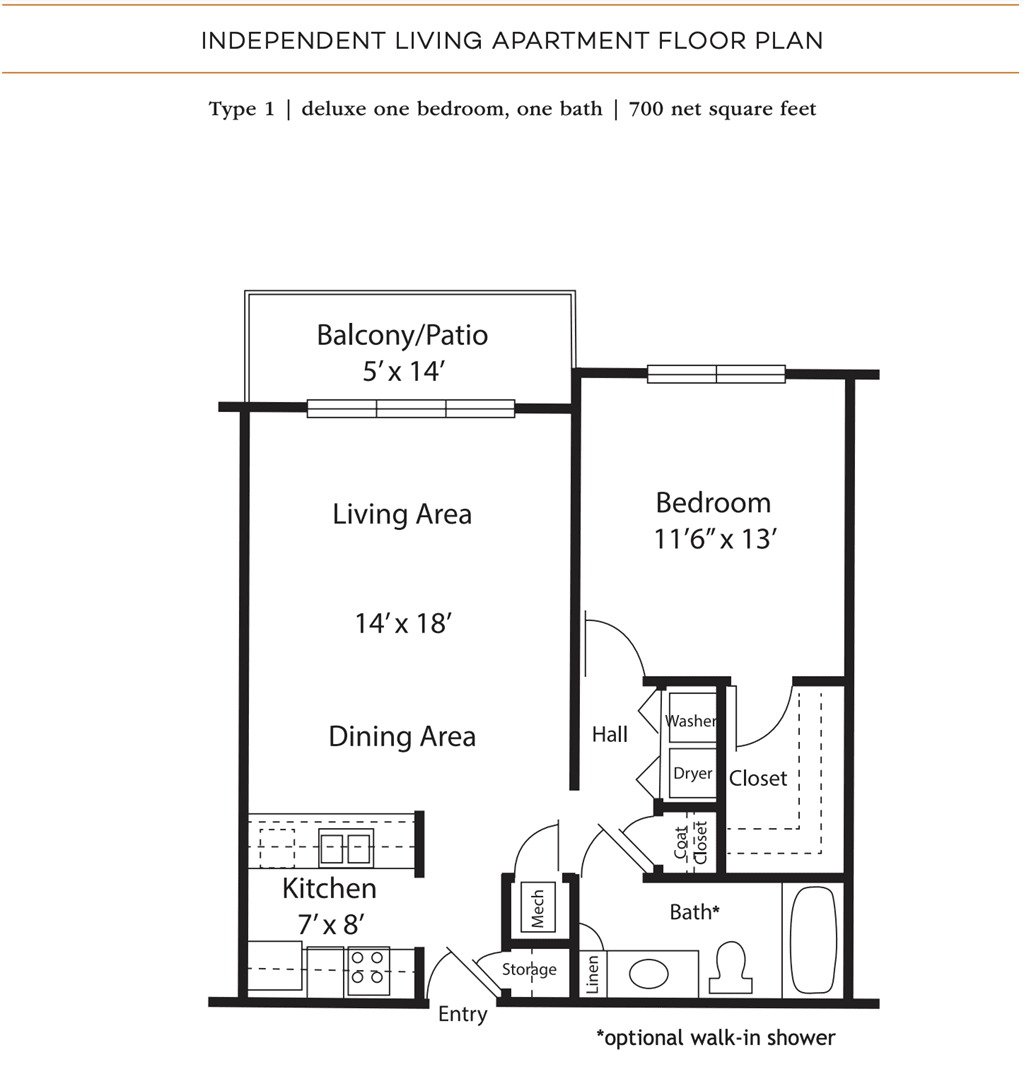 Independent living apartment floor plan with one bedroom, a living area, dining area, kitchen, bathroom, and balcony/patio.