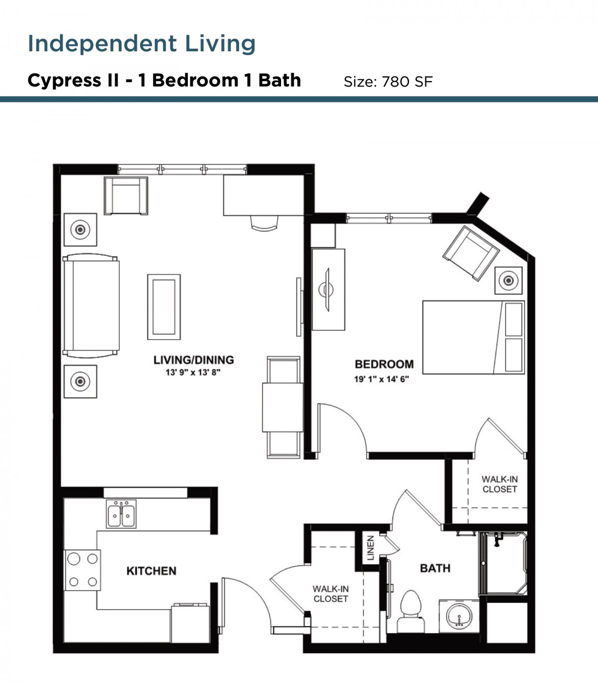 Floor plan of a one-bedroom, one-bathroom apartment called Cypress II.