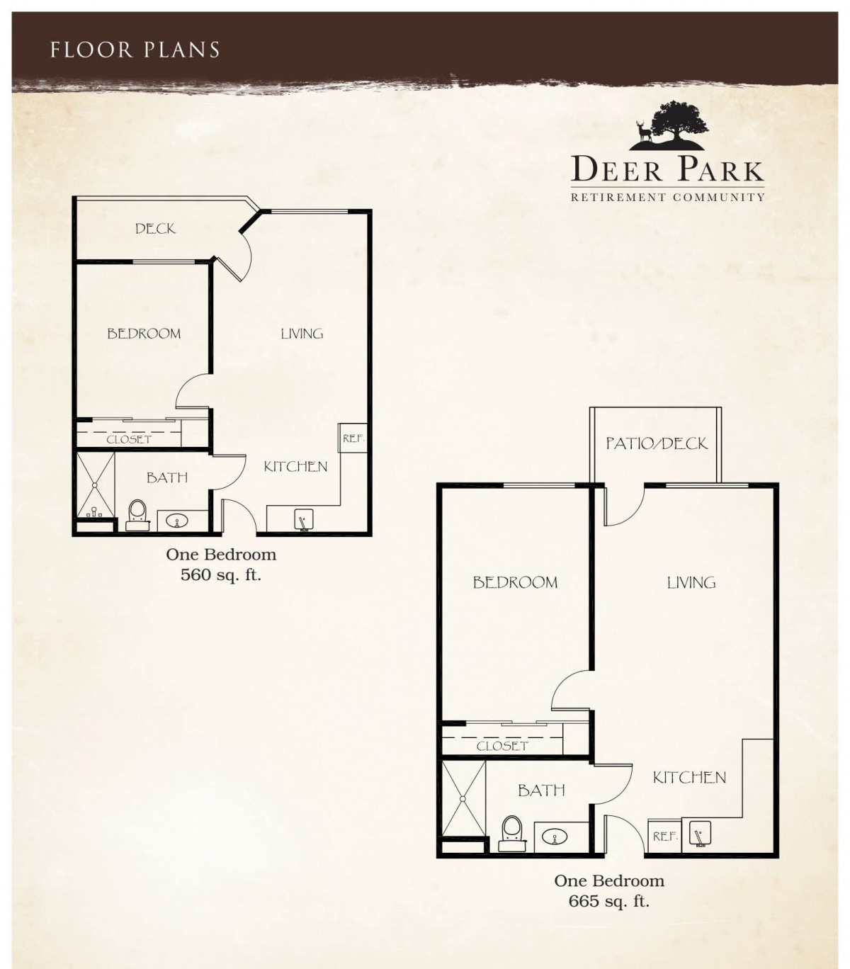 Floor plans for one and two-bedroom apartments at Deer Park Apartments.