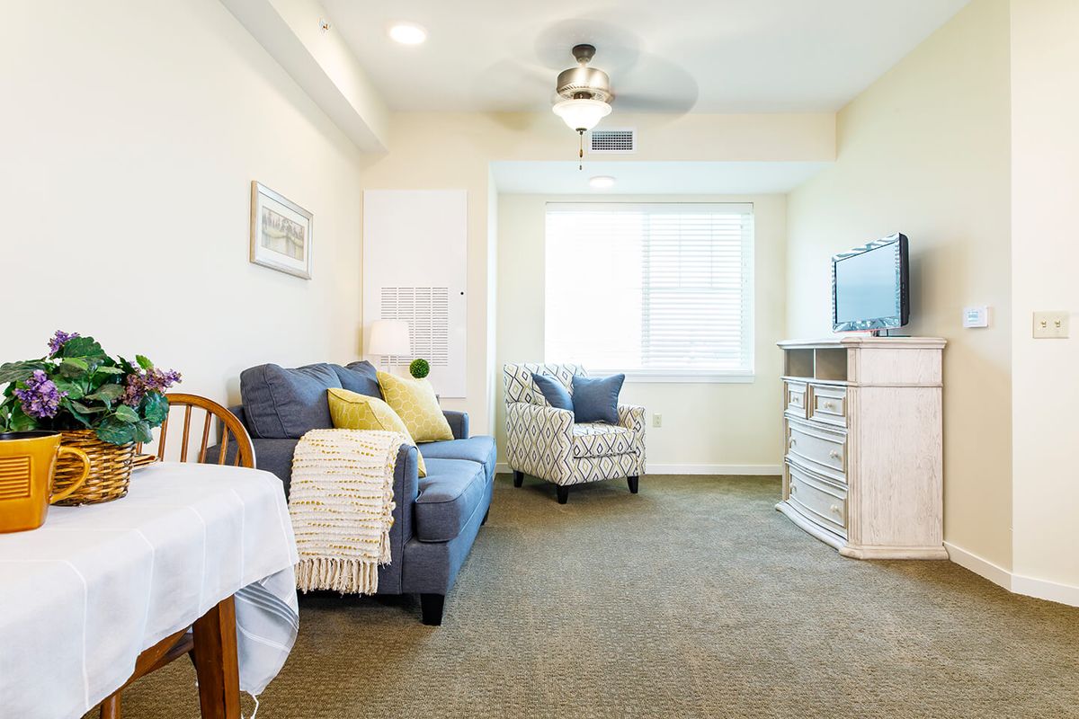 A cozy living room with a blue sofa, armchair, television, and carpeted floor.