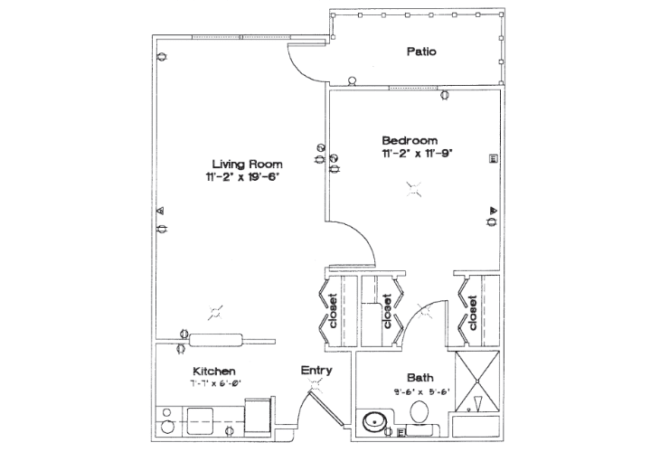 A floor plan of a one-bedroom apartment, including living room, kitchen, bathroom, and patio.