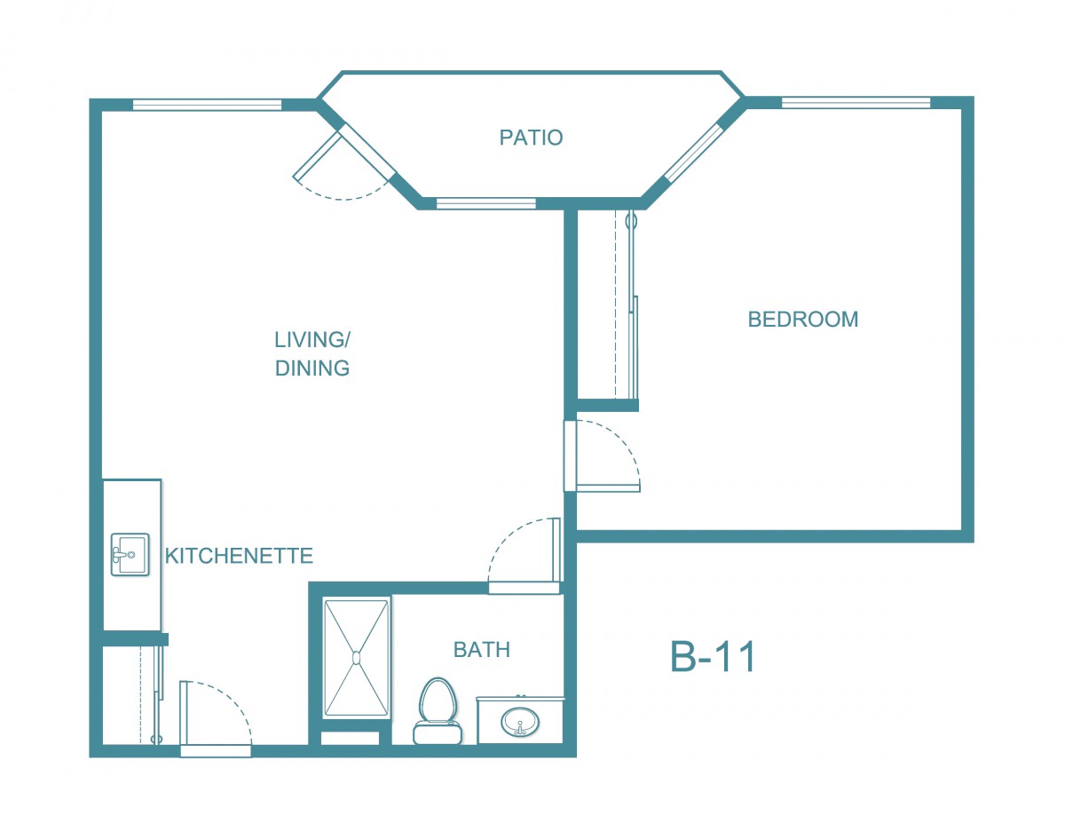 A basic floor plan of an apartment featuring a living area, kitchenette, bathroom, bedroom, and patio.