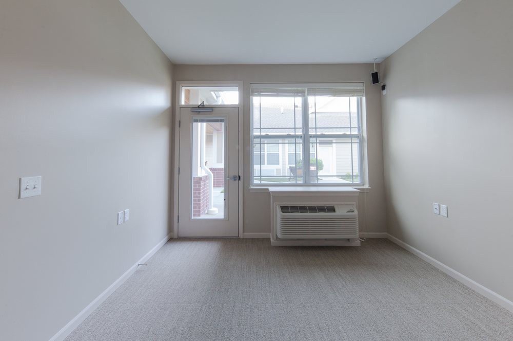 An empty room with a window and door, featuring a carpeted floor and neutral-colored walls.