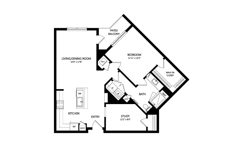 A floor plan of a one-bedroom apartment showing layout and room dimensions.