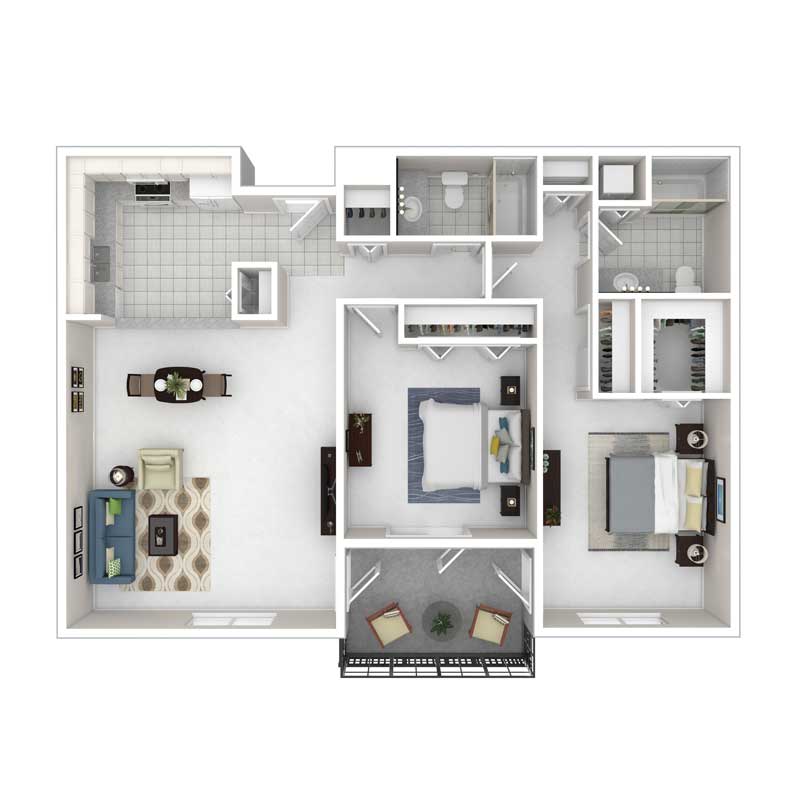 A detailed floor plan of an apartment with a living room, kitchen, two bedrooms, and a balcony.