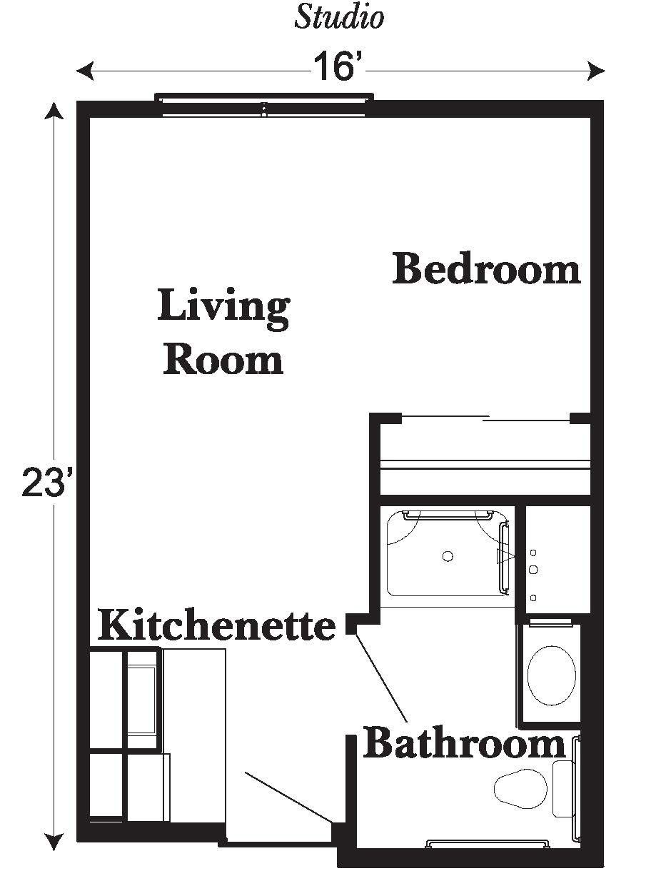 A floor plan of a studio apartment with labeled living room, bedroom, kitchenette, and bathroom.