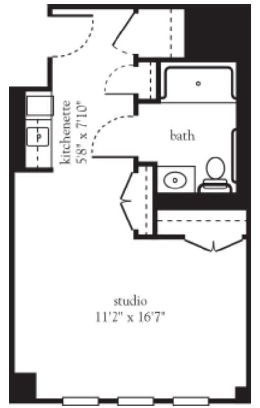 Floor plan of a studio apartment with kitchen, bath, and living area.