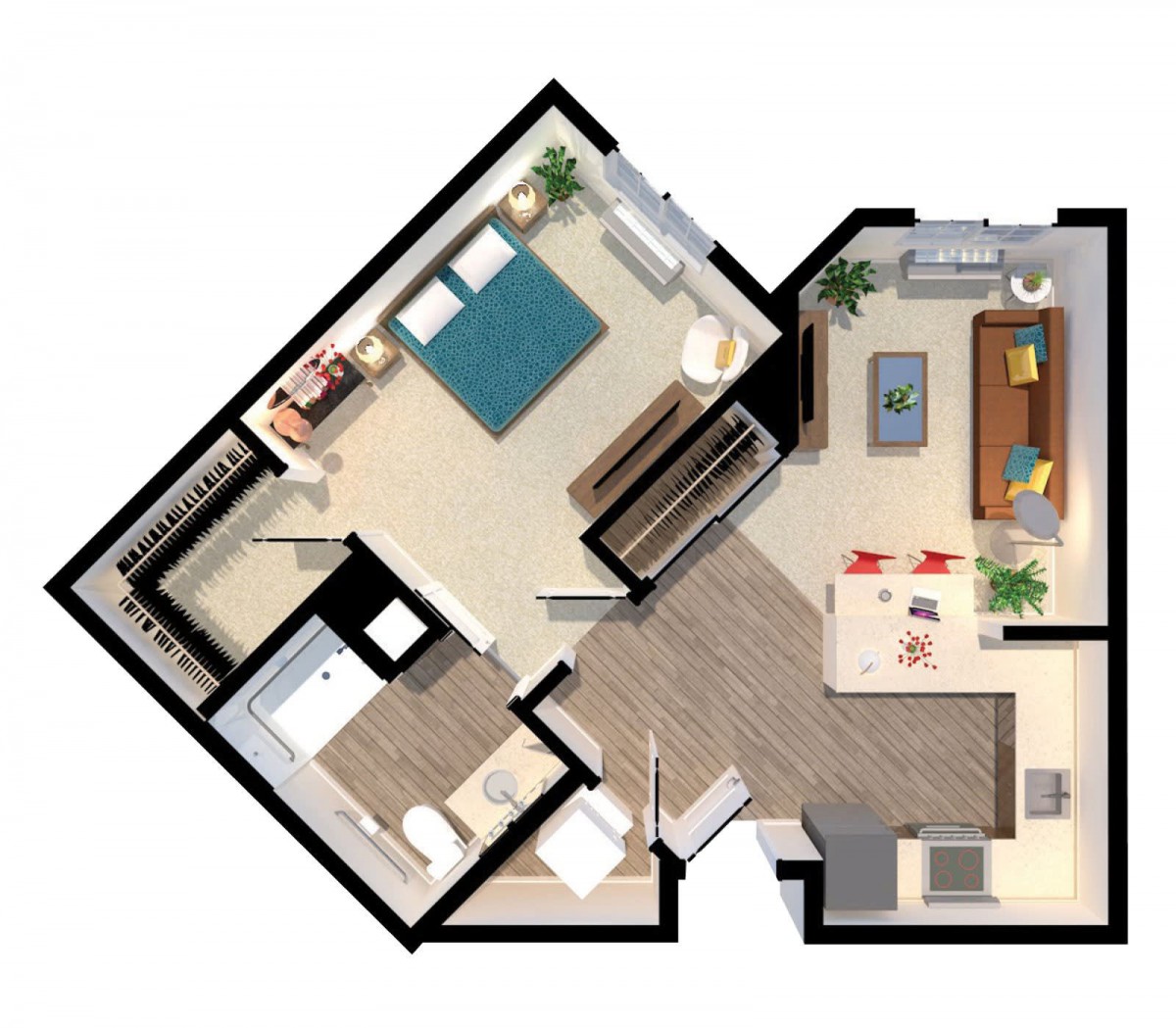 A modern one-bedroom apartment floor plan featuring a spacious living room, kitchen, and bathroom.