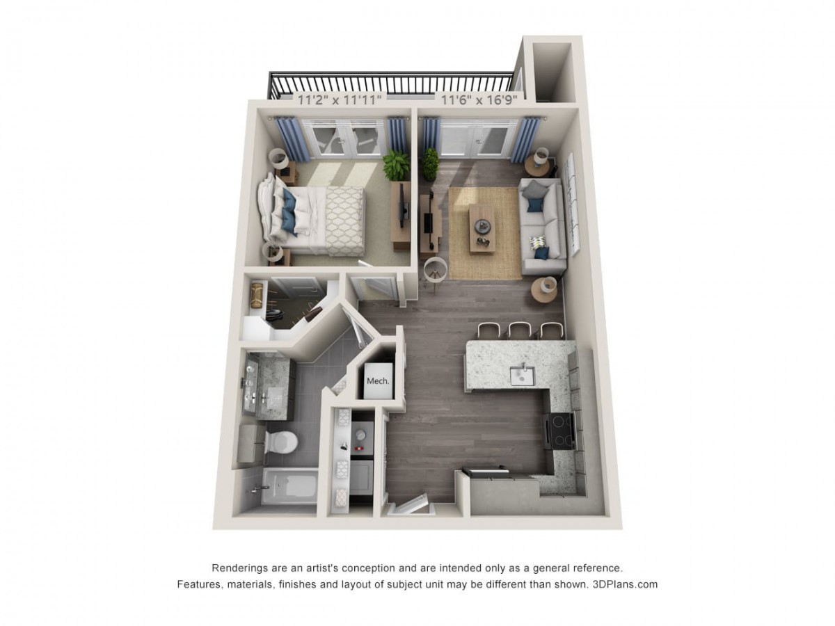 A 3D rendered floor plan of a compact apartment featuring a bedroom, bathroom, kitchen, and living room.