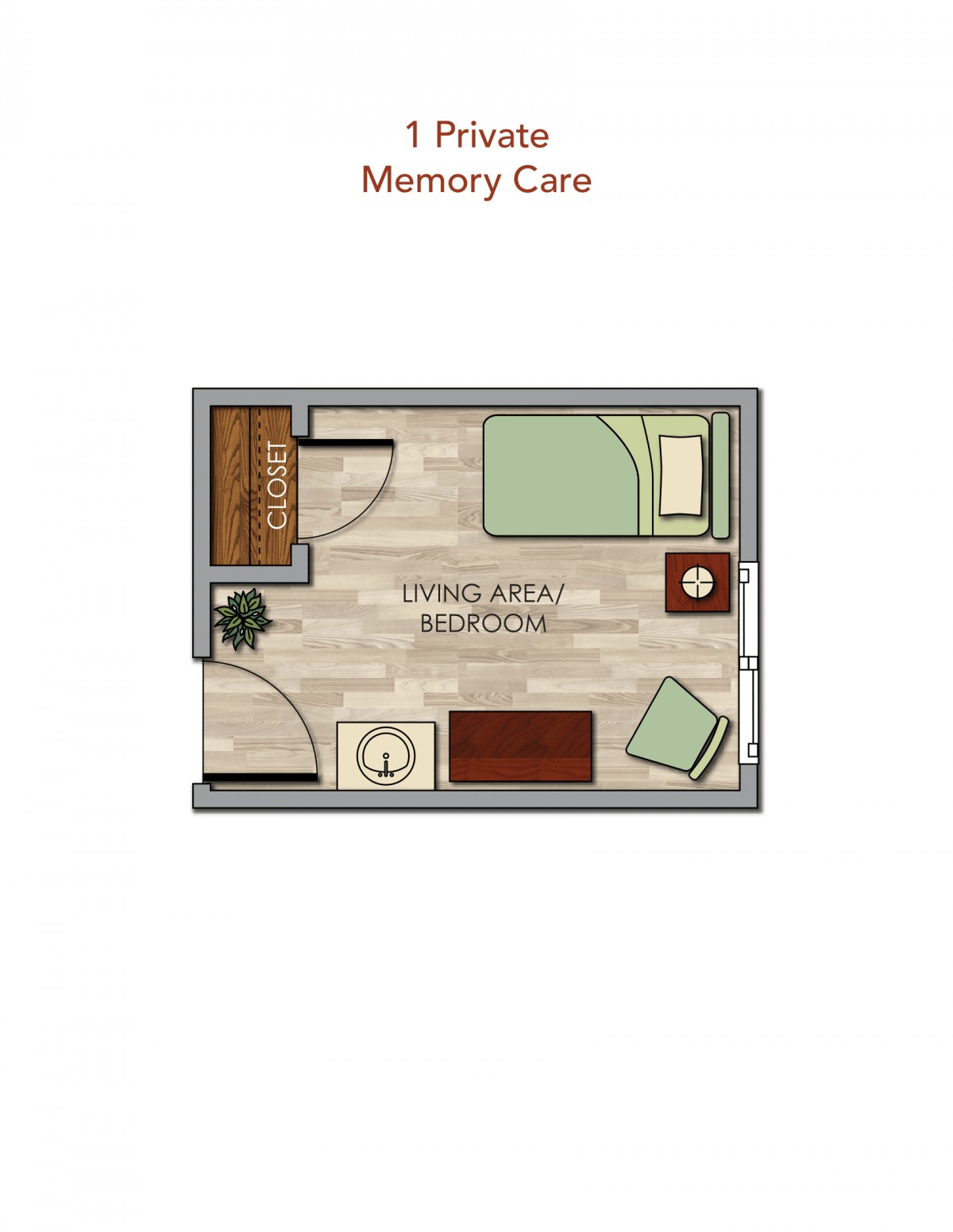 A simple floor plan layout for a memory care living space, featuring a bedroom and living area.