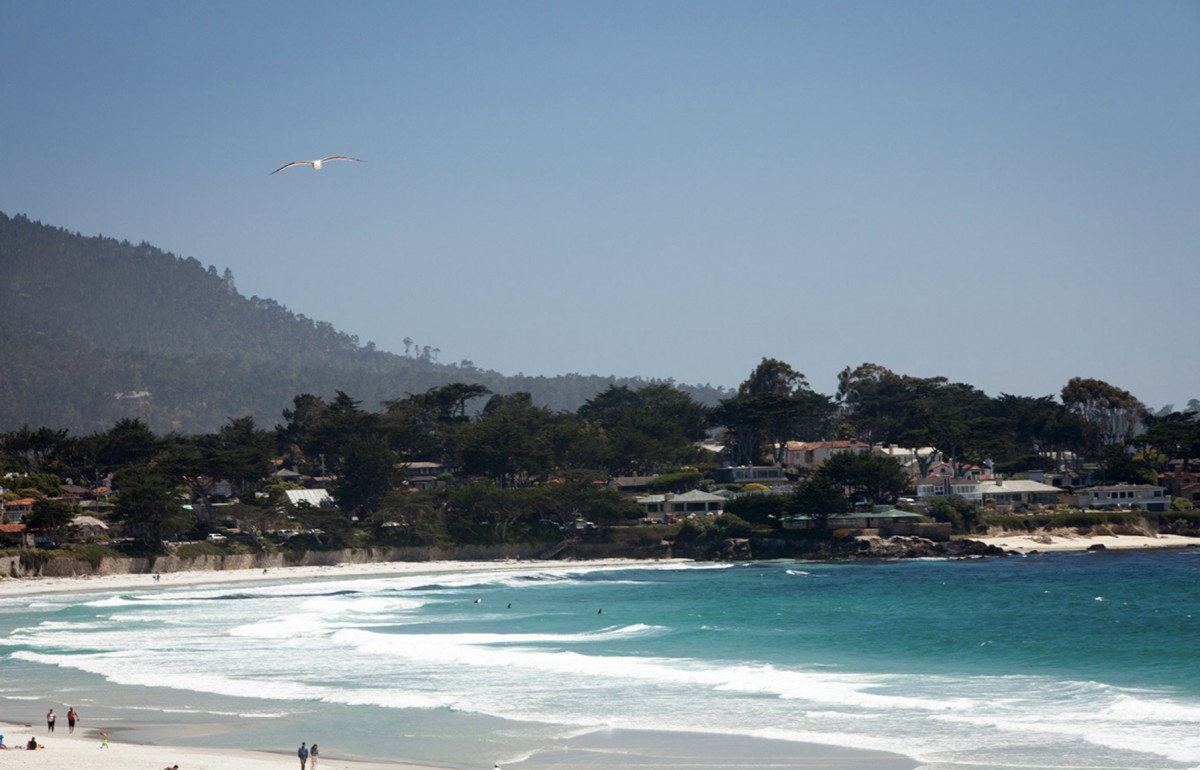 A serene view of a coastline with gentle waves and a clear blue sky.