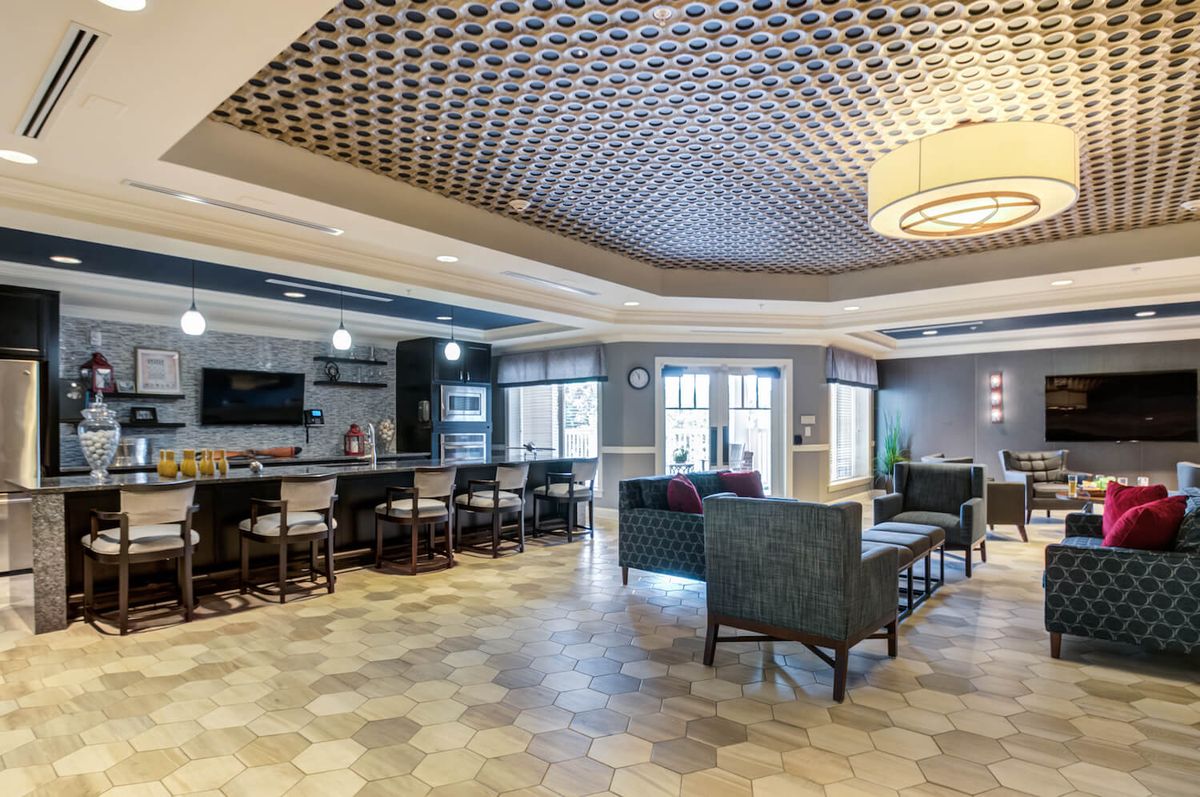 A modern lobby with comfortable seating and stylish decor.