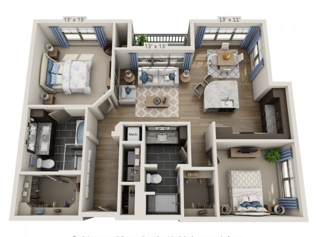 A detailed floor plan of a two-bedroom apartment showcasing its layout and furniture arrangement.