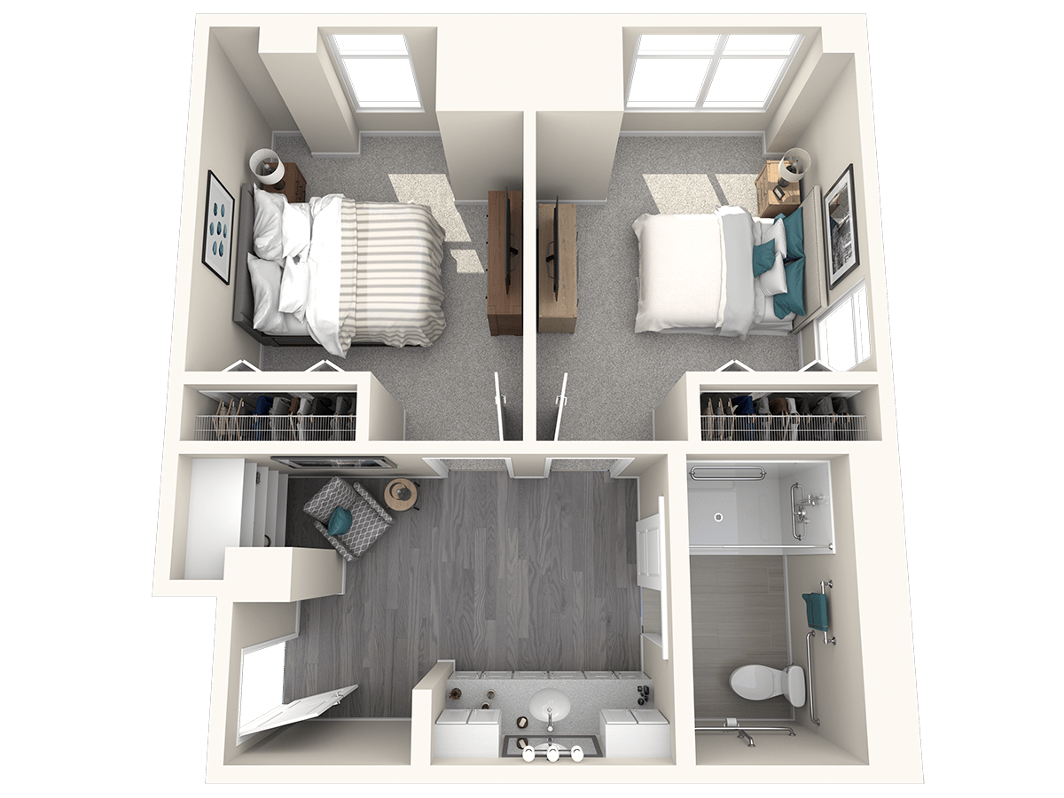 A 3D floor plan featuring two bedrooms, a bathroom, and a living area.