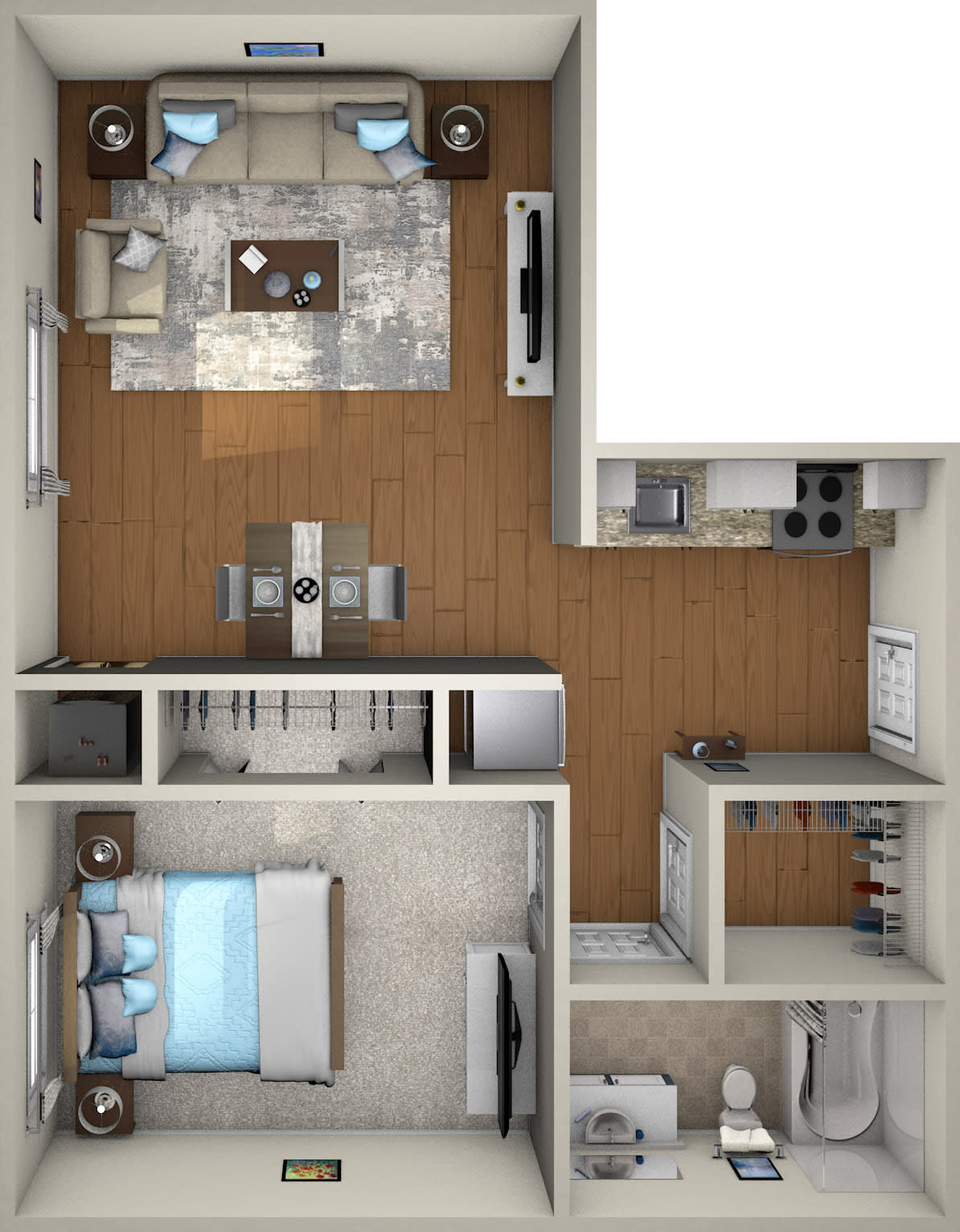 A detailed floor plan of a one-bedroom apartment, featuring a living room, kitchen, dining area, and bathroom.