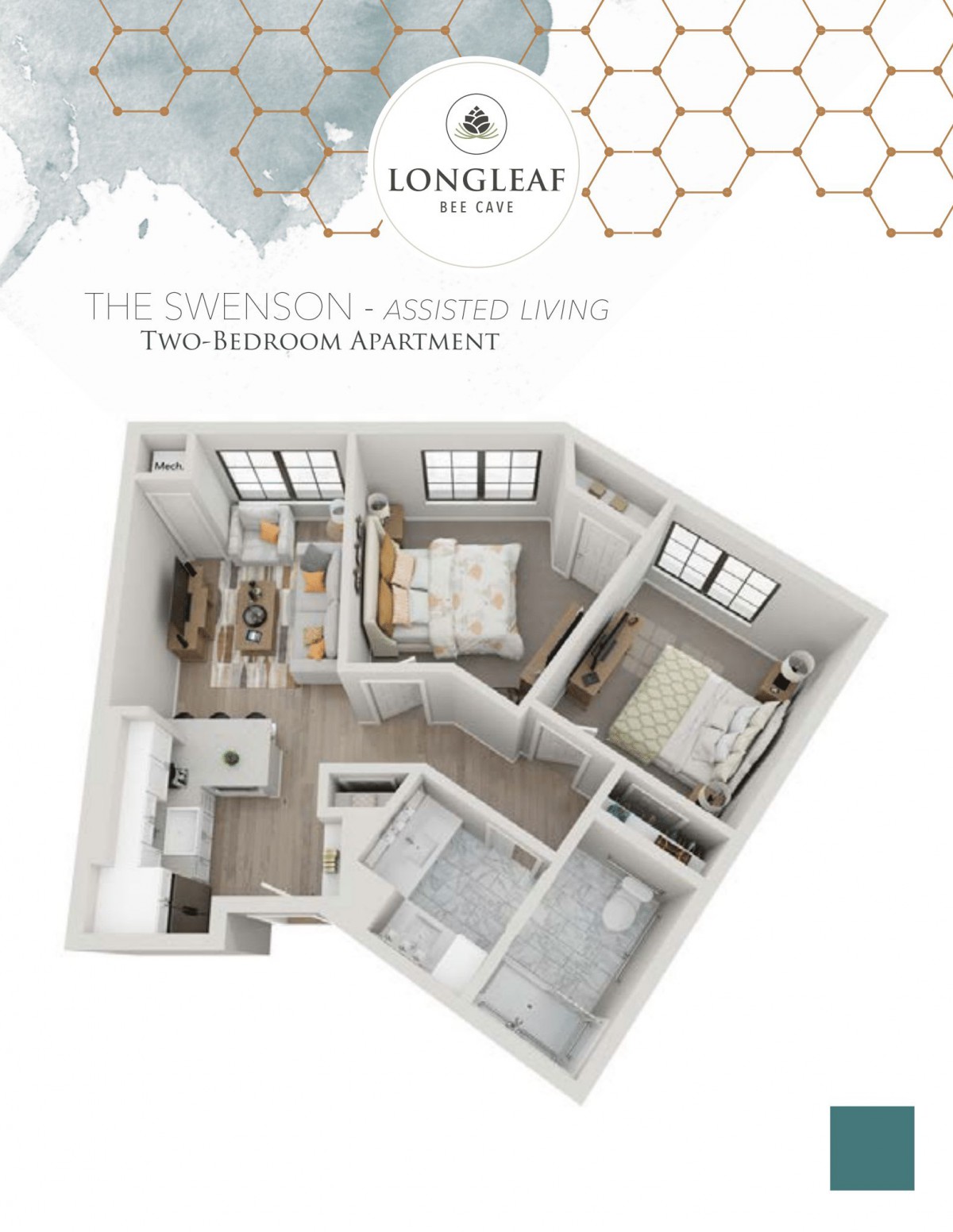 3D floor plan of The Emerson, a two-bedroom apartment at Longleaf Apartments.