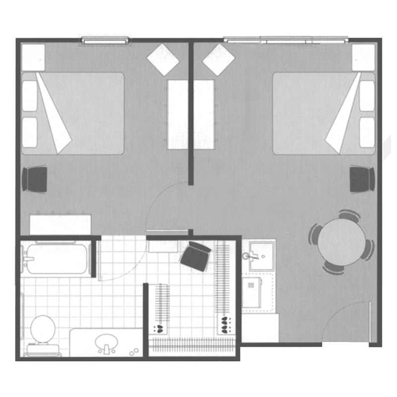 A simple floor plan of an apartment featuring two bedrooms, a bathroom, a kitchen, and a living area.