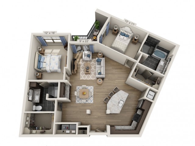 3D floor plan of a two-bedroom apartment with a living room, kitchen, and bathroom.