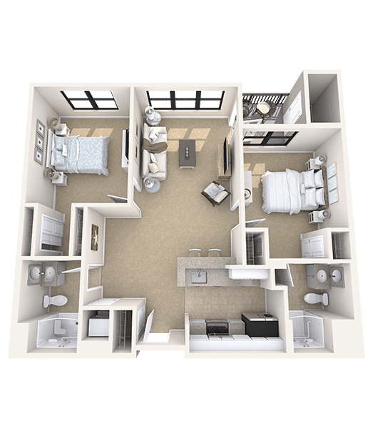 A 3D rendered floor plan of a two-bedroom apartment, showcasing the layout with living and kitchen areas.