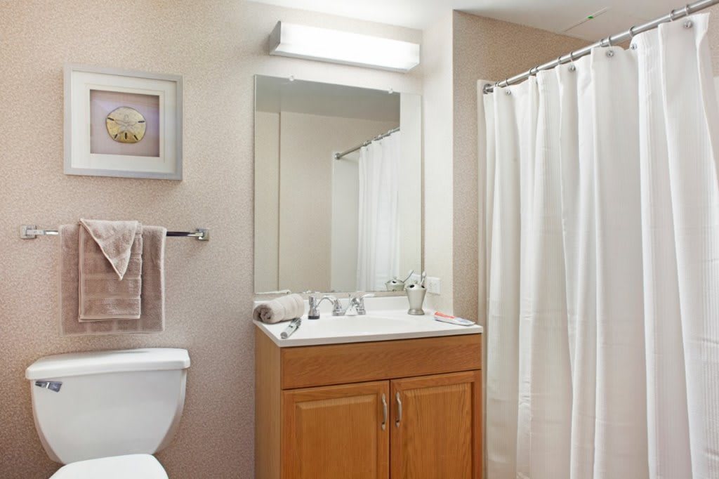 A clean and simple bathroom with a wooden cabinet, mirror, and shower curtain.