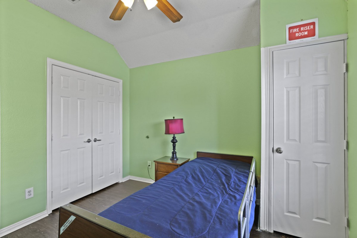 A cozy bedroom with green walls, featuring a single bed, a lamp on a bedside table, and a ceiling fan.