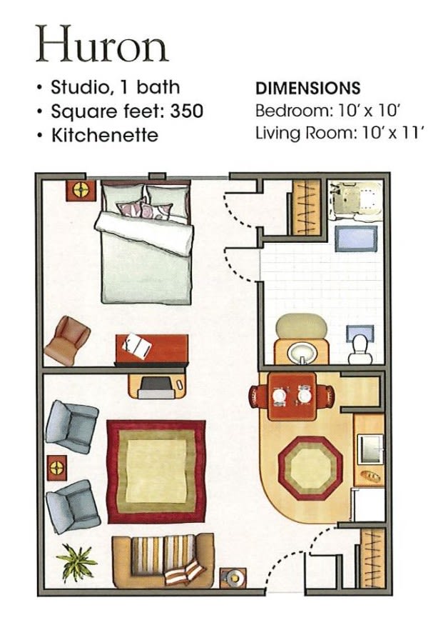 Illustration of a small apartment floor plan featuring a single bedroom, kitchenette, and living room.