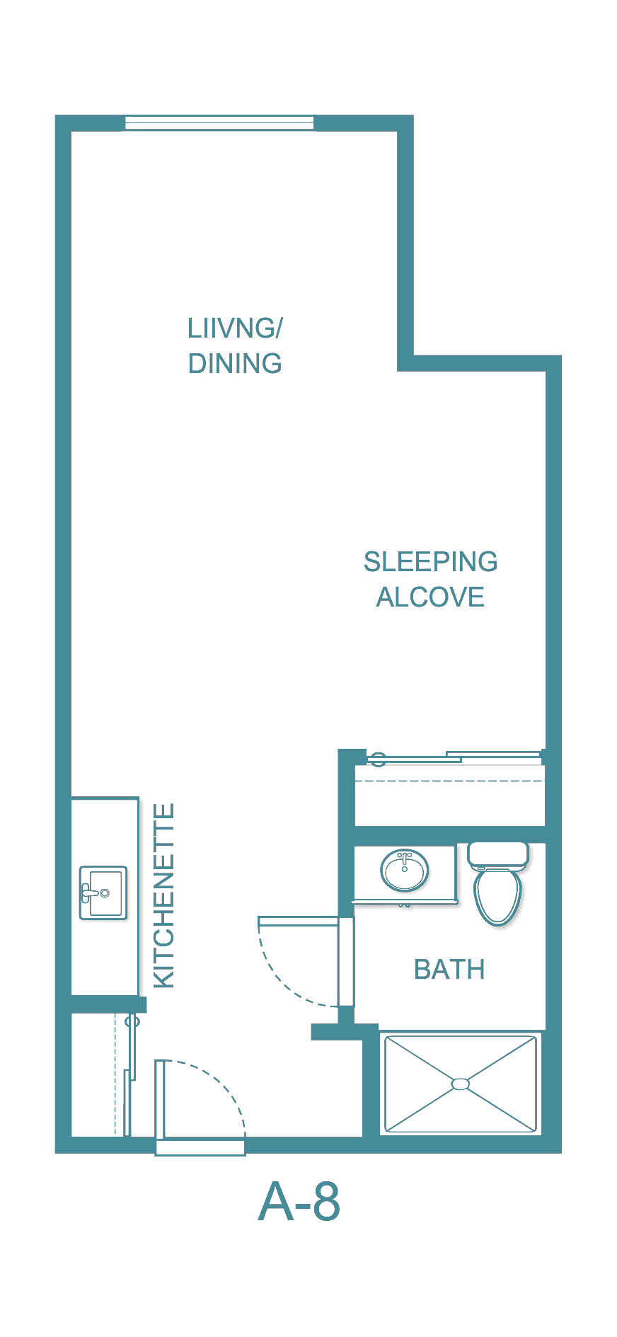 Studio apartment floor plan with kitchenette, sleeping alcove, and bathroom.