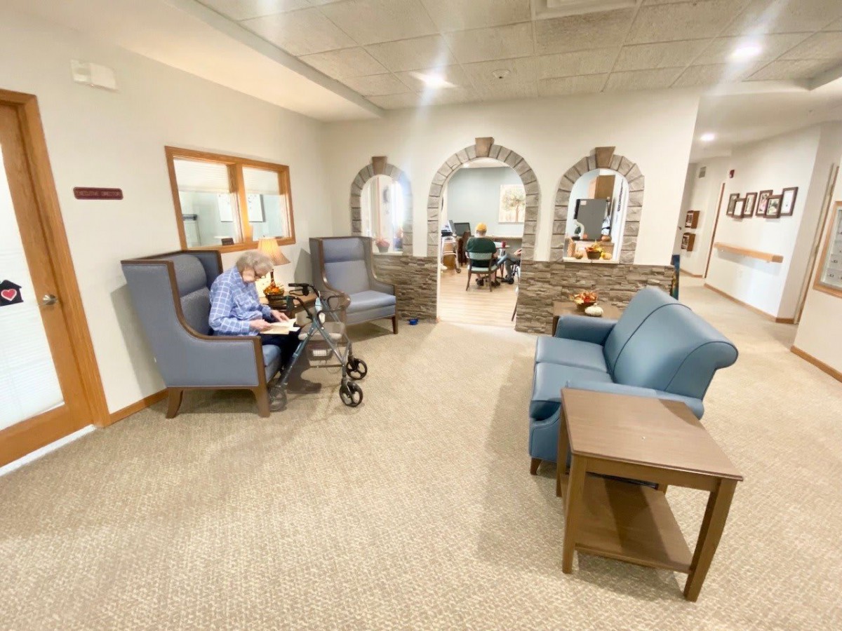 A well-furnished lobby area with comfortable seating and modern decor.