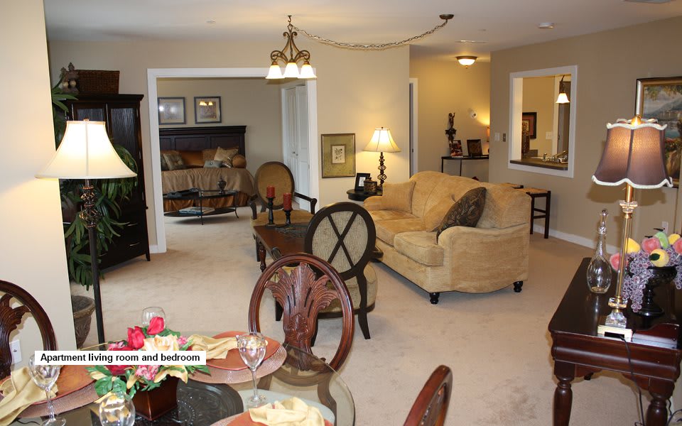 A cozy living and dining area with elegant furniture and warm lighting.
