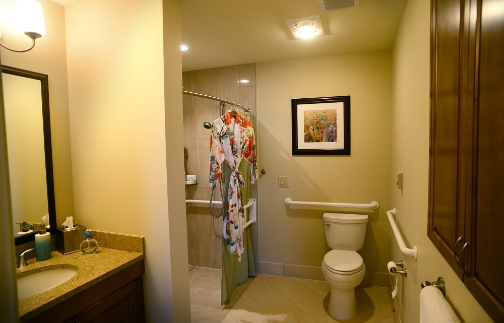 An accessible bathroom featuring a shower with floral curtains, a toilet with grab bars, and a sink.