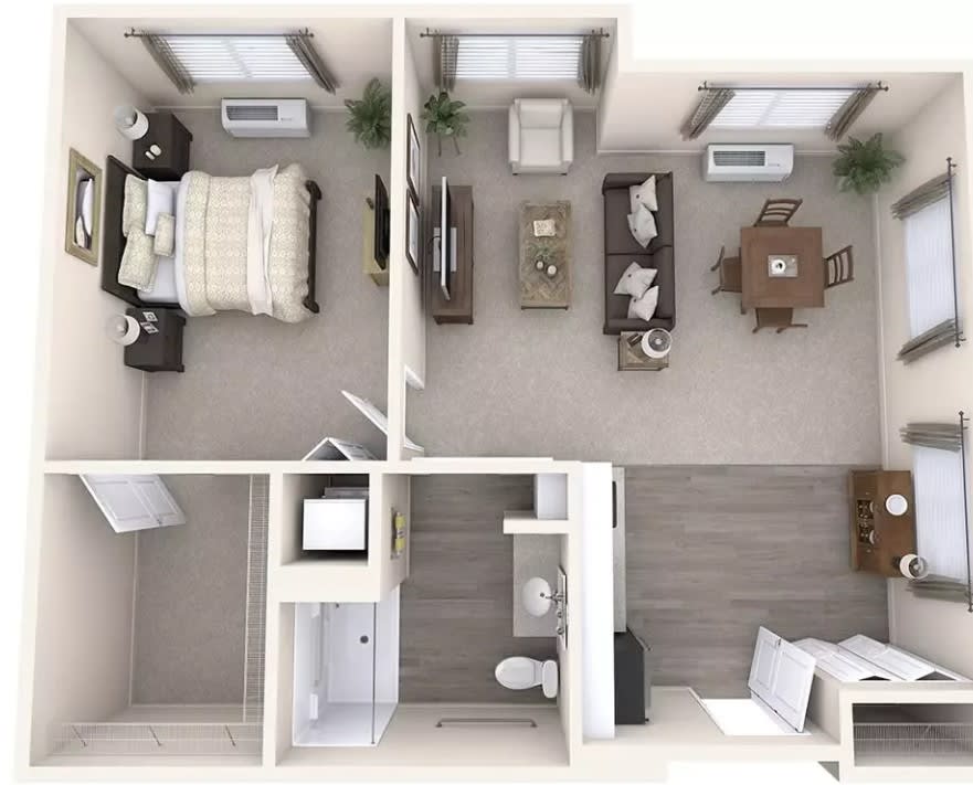 Aerial view of a one-bedroom apartment floor plan with living room, kitchen, and bathroom.