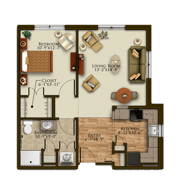 A detailed floor plan of a two-bedroom apartment featuring a living room, kitchen, and bathroom.