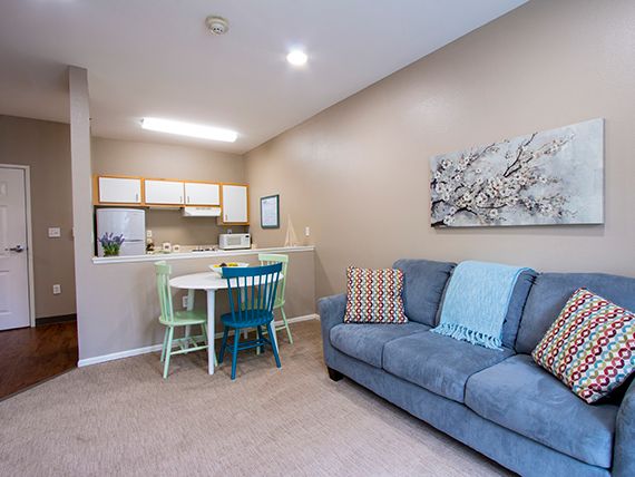 A cozy apartment with a living room and adjacent kitchen area, featuring a comfortable sofa and dining table.