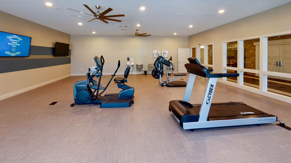 A modern gym with various exercise equipment including treadmills and cardio machines.