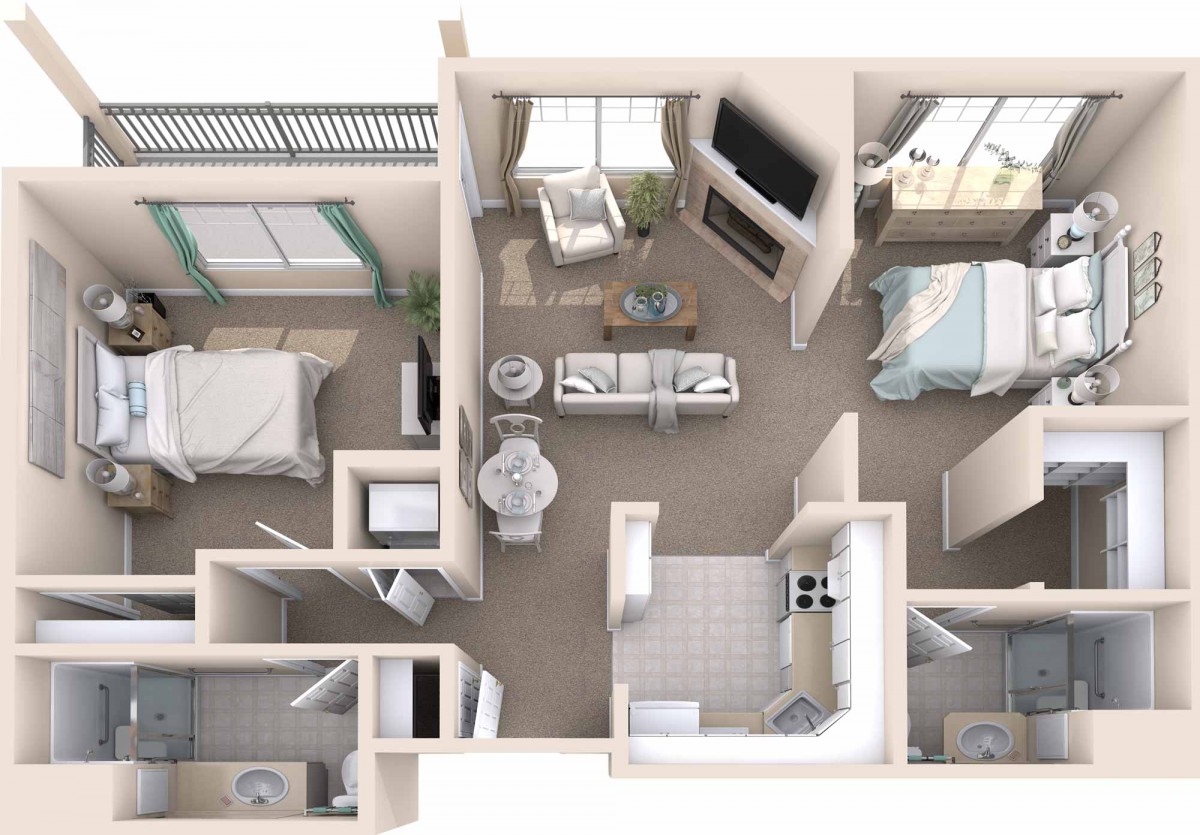 A detailed floor plan of an apartment featuring a living room, two bedrooms, a kitchen, and a bathroom.