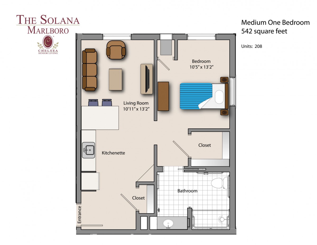 Floor plan of a one-bedroom apartment with living room, kitchen, bathroom, and closet.