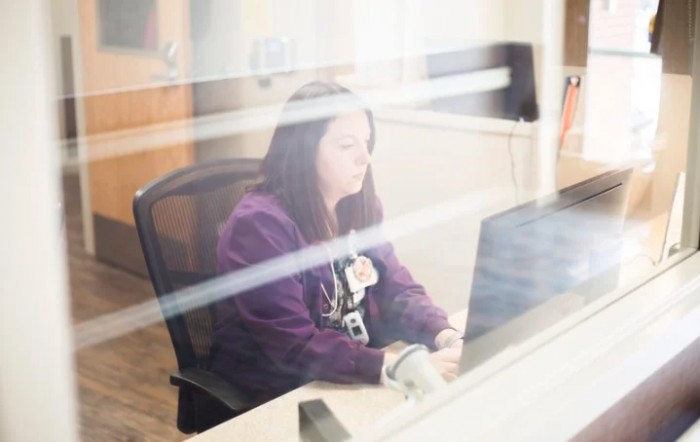 A woman working on a computer at her desk in an office.