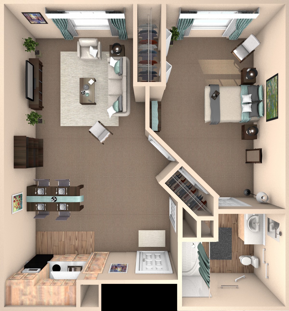 A detailed floor plan of a modern apartment with designated living areas such as the living room, kitchen, bedroom, and bathroom.