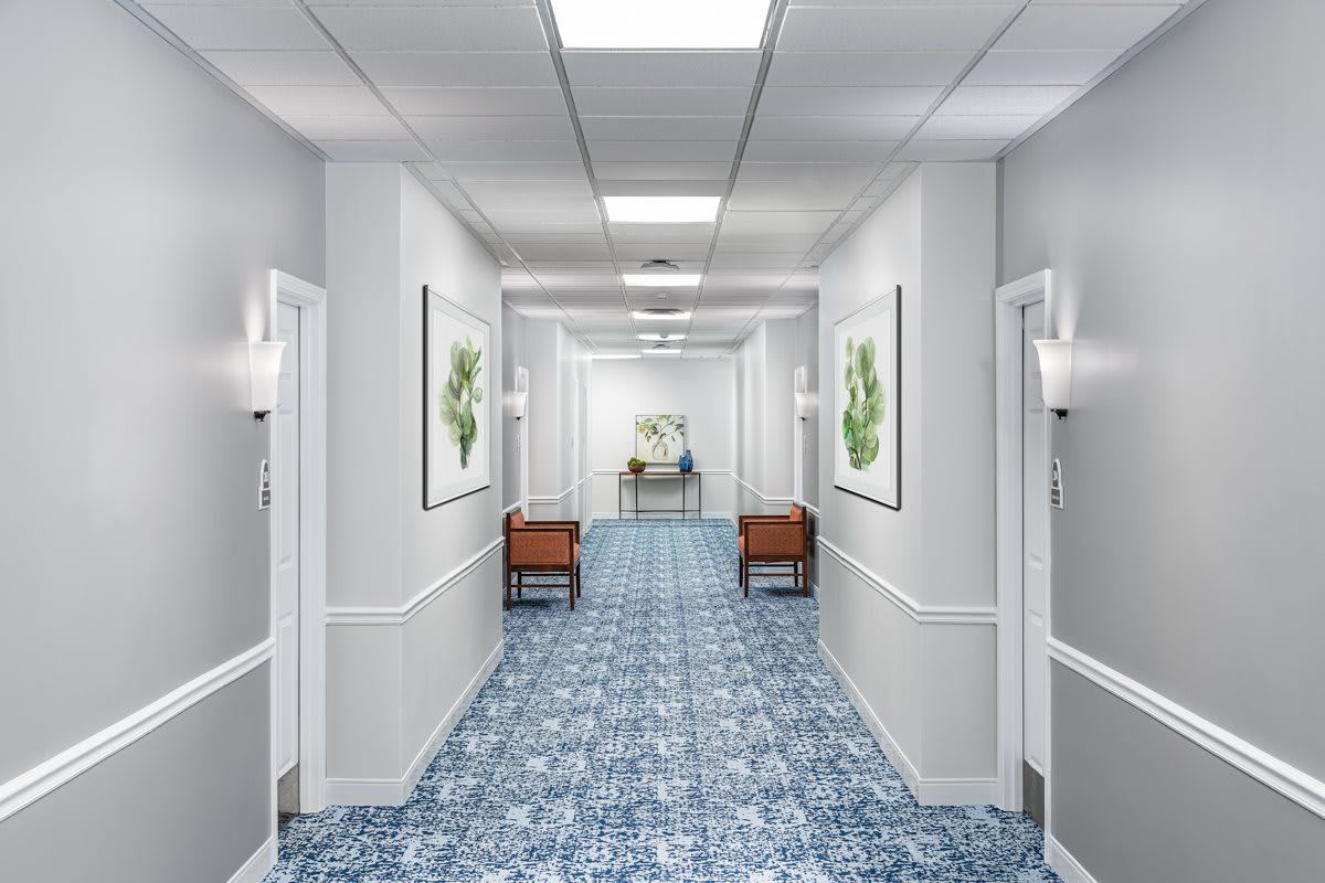 A brightly lit hallway with patterned carpet and artwork on the walls.