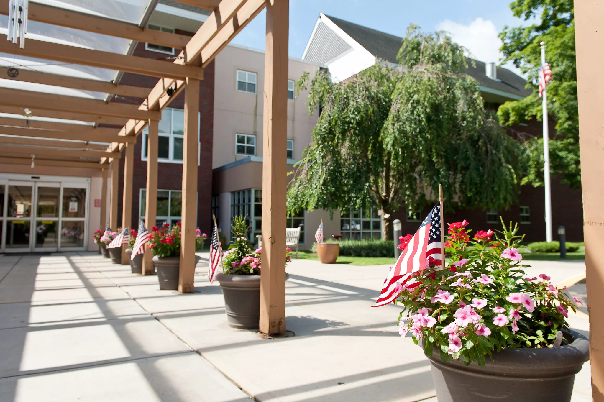 A sunlit pathway with potted flowers and American flags leading to a modern building.