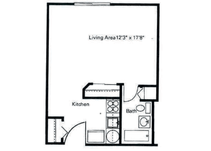 A floor plan of a studio apartment featuring a living area, kitchen, and bathroom.
