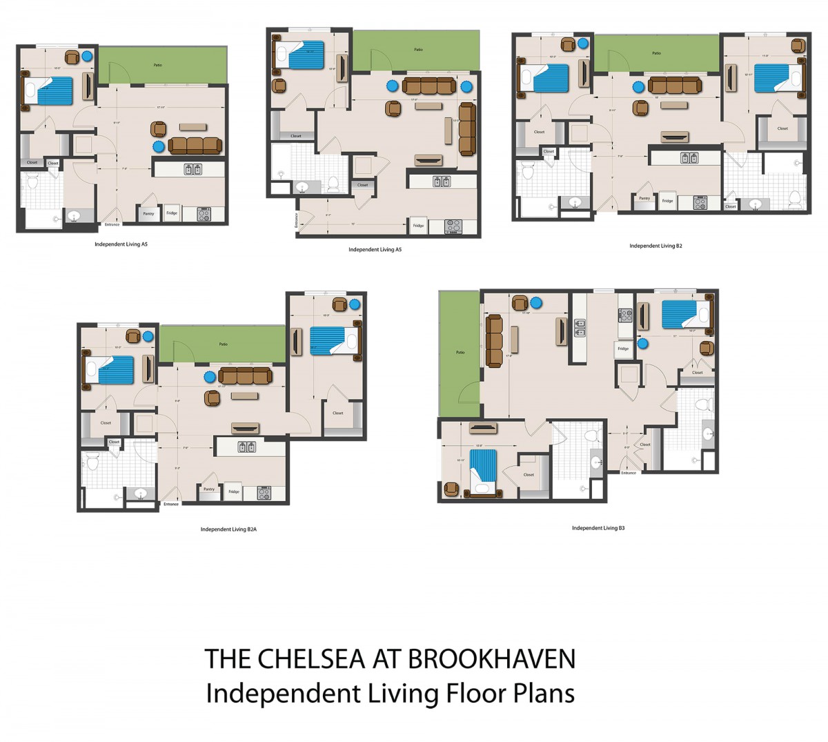 Floor plans for independent living units at The Chelsea at Brookhaven.